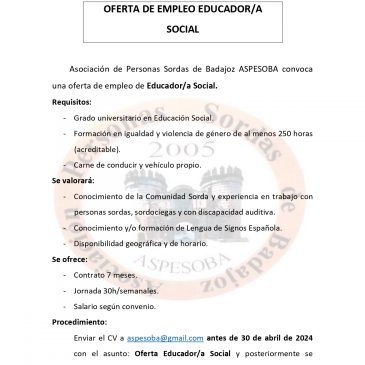 OFERTA DE EMPLEO DE EDUCADOR/A SOCIAL PARA ASPESOBA (BADAJOZ)